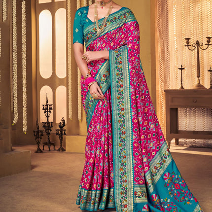 AKHILAM Women's Soft Patola Silk Ikat Print Golden Zari Border Saree With Unstitched Blouse Piece (Pink_SMNGLM1004_SS) 