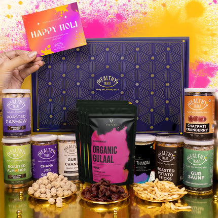 Healthy Treat Grand Holi Gift Hamper | Holi Gift with Roasted Dry Fruits, Healthy Snacks, Thandai Mix, Herbal Gulal & Holi Card | Holi Gifts | Holi Thandai & Herbal Gulal Gift Box | Holi Gifts For Family and Friends | Wholesome Corporate Gifting 