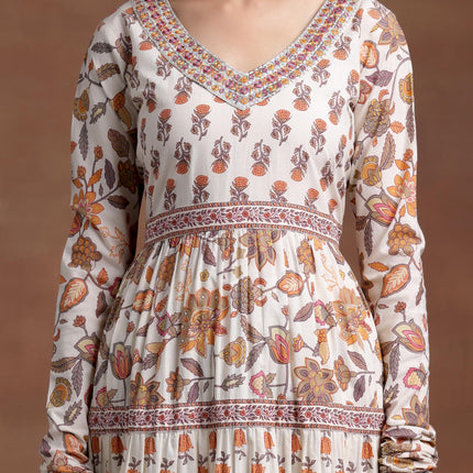 Libas Off White Printed Cotton A-Line Kurta With Palazzos & Dupatta 