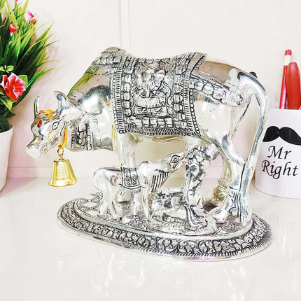 Kamdhenu Cow,Calf with Bal Gopal Krishna Metal Statue for Good Luck,Feng Shui As Table Top Figurine,Vastu,Religious Gau MATA Idol Home,Office&Table Decorative,Animal 