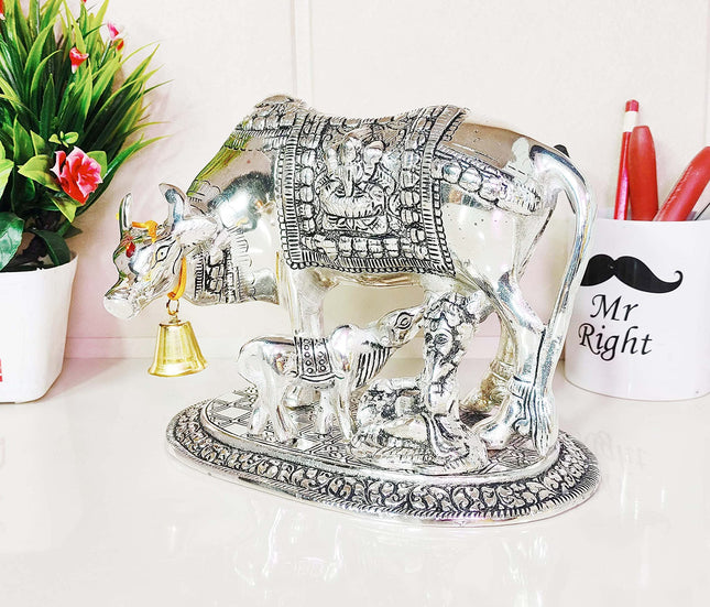 Kamdhenu Cow,Calf with Bal Gopal Krishna Metal Statue for Good Luck,Feng Shui As Table Top Figurine,Vastu,Religious Gau MATA Idol Home,Office&Table Decorative,Animal 