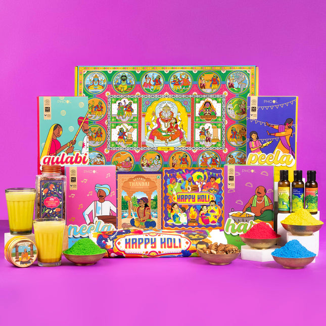Phool Prahalada Collection 4 Natural Gulaal Colors (400 GMS) with Kesar Badam Thandai, Holi 2025 T-Shirt(Free Size) Kimirica Body Care Set, Chandan Tika, True Element Nut Mix 