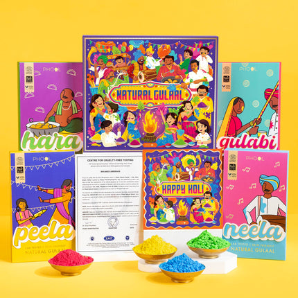 Phool Holi Gulal Colour -Pack of 4 Organic Holi Colours - 4X 100 (400) GMS Gulal Colours of Pink, Blue,Green, Yellow Certified Skin Safe Gulaal 