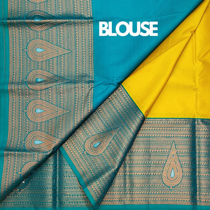 Women Kanchipuram Pure Silk Saree Original Golden Zari Intricate Jacquard Weaves Traditional Rich Zari Border & Contrast Zari Rich Pallu(Yellow)-Silk Mark 