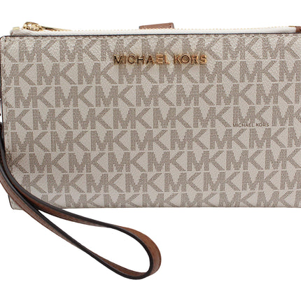 Michael Kors Womens Jet Set Travel Double Zip Wristlet - Signature Pvc (Vanilla Pvc/Dark Acorn), Brown 