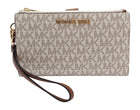 Michael Kors Womens Jet Set Travel Double Zip Wristlet - Signature Pvc (Vanilla Pvc/Dark Acorn), Brown 
