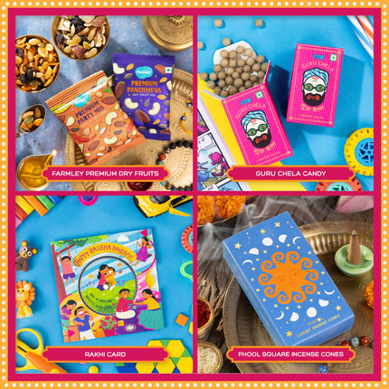 Phool Bandhan Rakhi Giftbox for Brother | 9 Inclusions rakhi gift hamper for brother and bhabhi | 2 Combo Rudraksha & Ocean Gaze Rakhi | Farmley Dry Fruit Mix, Party Mix | Eat Better Millet Namkeen| Guru Chela Mouth Freshener | Greeting Card 