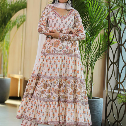 Libas Off White Printed Cotton A-Line Kurta With Palazzos & Dupatta 