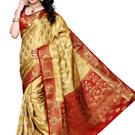 MIMOSA Women's Traditional Art Silk Saree Kanjivaram Style With Blouse Color:Chiku(3299-224-CKU-MRN) 