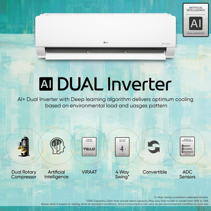 LG 1 Ton 4 Star DUAL Inverter Split AC (Copper, AI Convertible 6-in-1 Cooling, 4 Way Swing, HD Filter with Anti-Virus Protection, Faster Cooling & Energy Saving, 2024 Model, TS-Q13JNYE, White) 