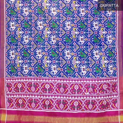Garvi Gurjari Blue and Magenta Handwoven Double Ikat Silk Dupatta | Handloom Dupatta | Patan Patola | Length 2.5mtr 