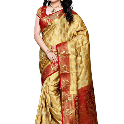 MIMOSA Women's Traditional Art Silk Saree Kanjivaram Style With Blouse Color:Chiku(3299-224-CKU-MRN) 