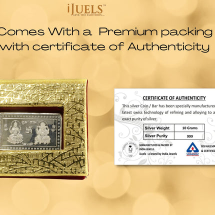 999 Fine silver 10 grams Laxmi Ganesh Rectangular Silver coin/bar in a gift pack with certificate of Purity. (10 Grams 1 Piece) 