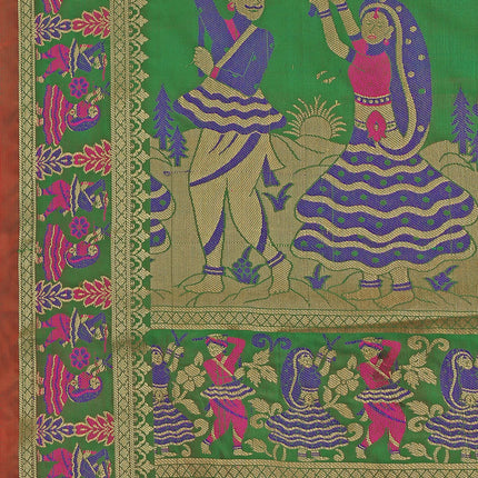 EthnicJunction Women's Double Ikat Patola Silk Woven Saree Woth Blouse Piece (Red and Green) 