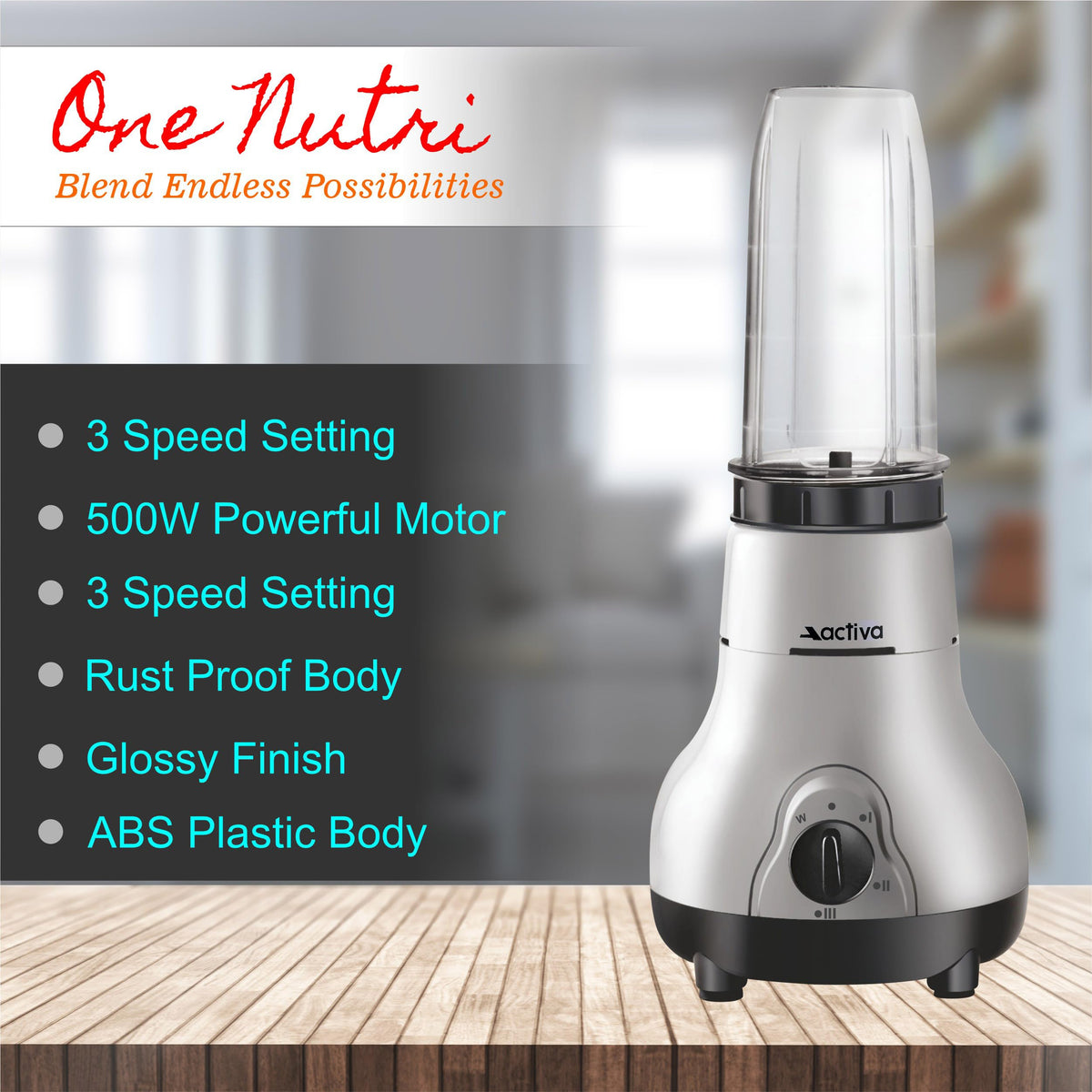 ACTIVA Easy Mix Nutri 2 Jar Mixer Grinder for Smoothies, Chutney & Shakes, Long Lasting Shock Proof Abs Body, Powerful 500 Watt Heavy Duty Motor With Nano Grinding Technology, 2 Years warranty-Black 