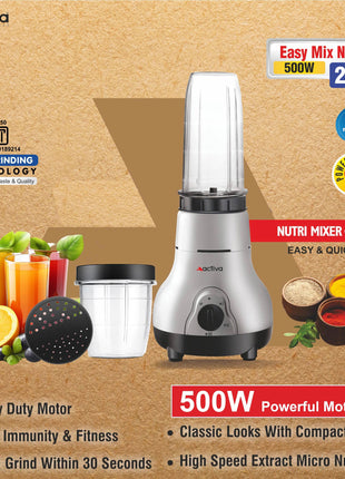 ACTIVA Easy Mix Nutri 2 Jar Mixer Grinder for Smoothies, Chutney & Shakes, Long Lasting Shock Proof Abs Body, Powerful 500 Watt Heavy Duty Motor With Nano Grinding Technology, 2 Years warranty-Black 