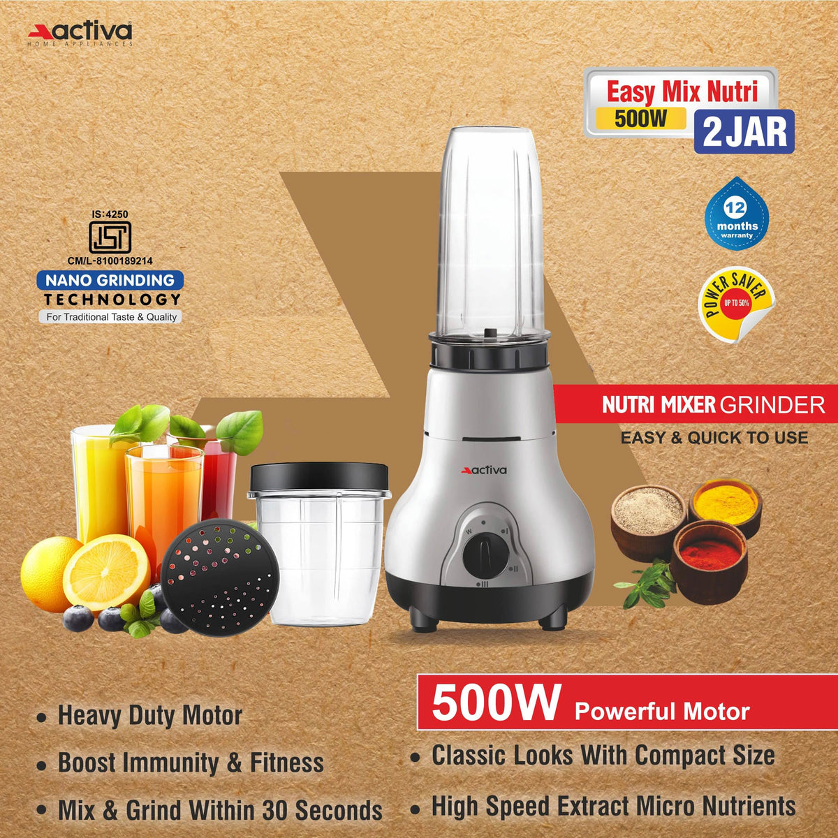 ACTIVA Easy Mix Nutri 2 Jar Mixer Grinder for Smoothies, Chutney & Shakes, Long Lasting Shock Proof Abs Body, Powerful 500 Watt Heavy Duty Motor With Nano Grinding Technology, 2 Years warranty-Black 