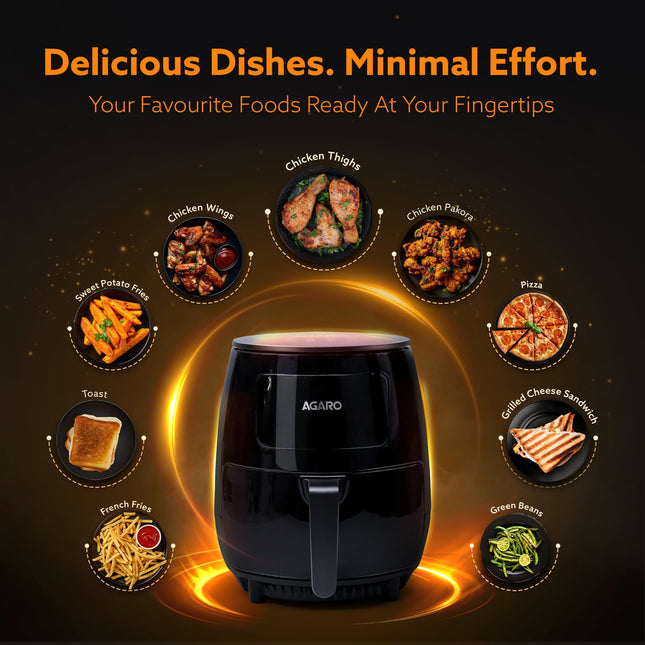 AGARO Alpha Digital Air Fryer For Home, 4.5 Liters, 6 Cooking Options, Electric, Convection Oven, 1400W, 360 Degrees Air Circulation, Digital Display, Keep Warm, Bake, Roast, Toast, Black 