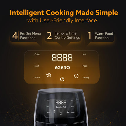 AGARO Alpha Digital Air Fryer For Home, 4.5 Liters, 6 Cooking Options, Electric, Convection Oven, 1400W, 360 Degrees Air Circulation, Digital Display, Keep Warm, Bake, Roast, Toast, Black 