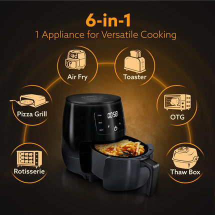 AGARO Alpha Digital Air Fryer For Home, 4.5 Liters, 6 Cooking Options, Electric, Convection Oven, 1400W, 360 Degrees Air Circulation, Digital Display, Keep Warm, Bake, Roast, Toast, Black 