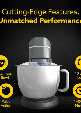 AGARO Elegant Stand Mixer, 1400W with 5.5L SS Bowl, 10 Speed Settings, Pulse Function, 100% Copper Motor, Includes Whisker, Beater, Dough Hook, Dark Grey 