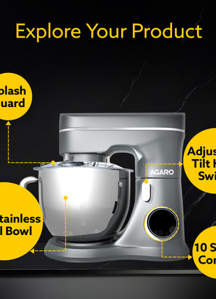 AGARO Elegant Stand Mixer, 1400W with 5.5L SS Bowl, 10 Speed Settings, Pulse Function, 100% Copper Motor, Includes Whisker, Beater, Dough Hook, Dark Grey 