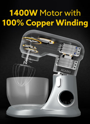 AGARO Elegant Stand Mixer, 1400W with 5.5L SS Bowl, 10 Speed Settings, Pulse Function, 100% Copper Motor, Includes Whisker, Beater, Dough Hook, Dark Grey 