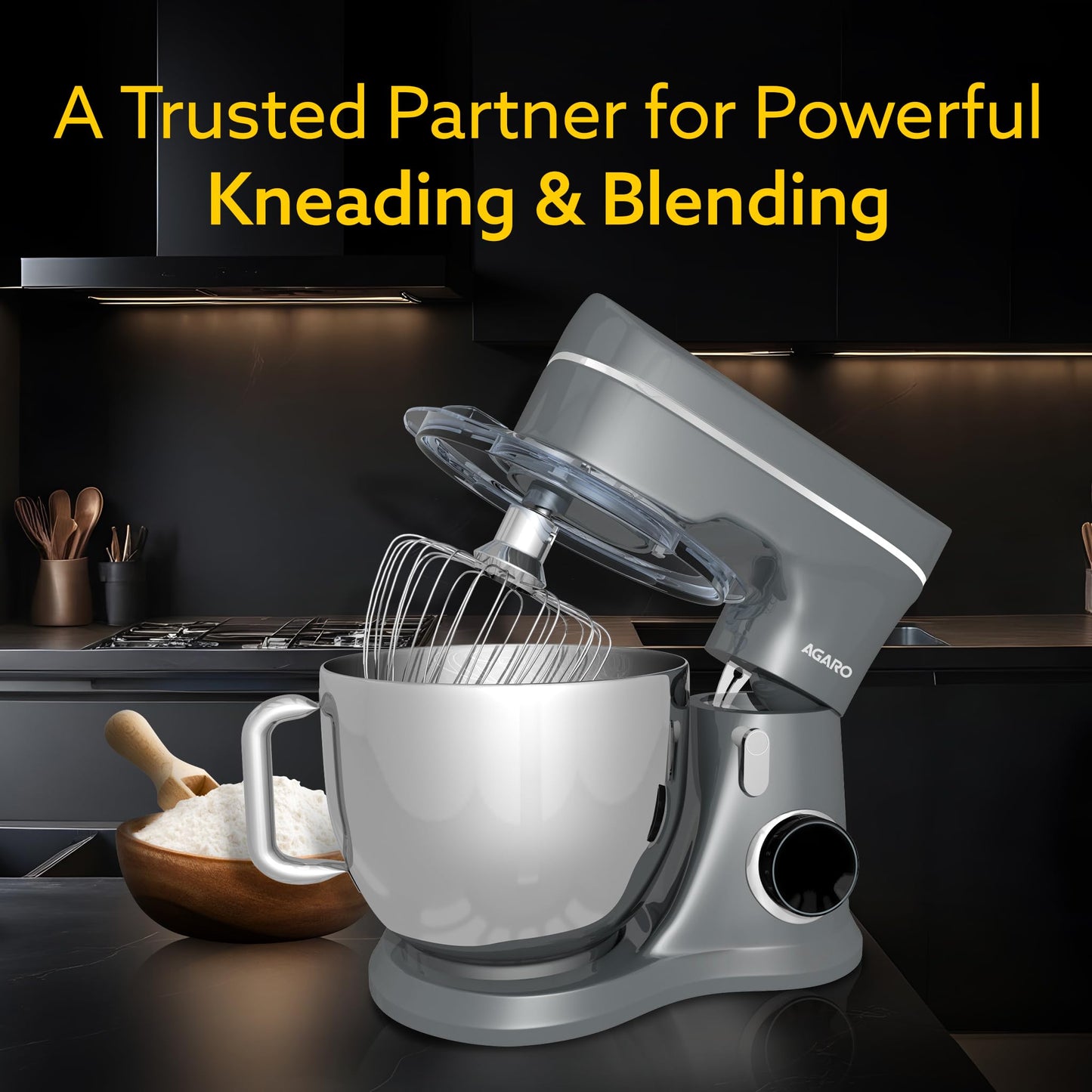 AGARO Elegant Stand Mixer, 1400W with 5.5L SS Bowl, 10 Speed Settings, Pulse Function, 100% Copper Motor, Includes Whisker, Beater, Dough Hook, Dark Grey 