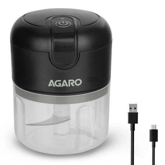 AGARO Elite Rechargeable Mini Electric Chopper, Food Grade Bowl, Stainless Steel Blades, One Touch Operation, for Mincing Garlic, Ginger, Onion, Vegetable, Meat, Nuts, 250 Ml, Black. 