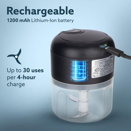 AGARO Elite Rechargeable Mini Electric Chopper, Food Grade Bowl, Stainless Steel Blades, One Touch Operation, for Mincing Garlic, Ginger, Onion, Vegetable, Meat, Nuts, 250 Ml, Black. 