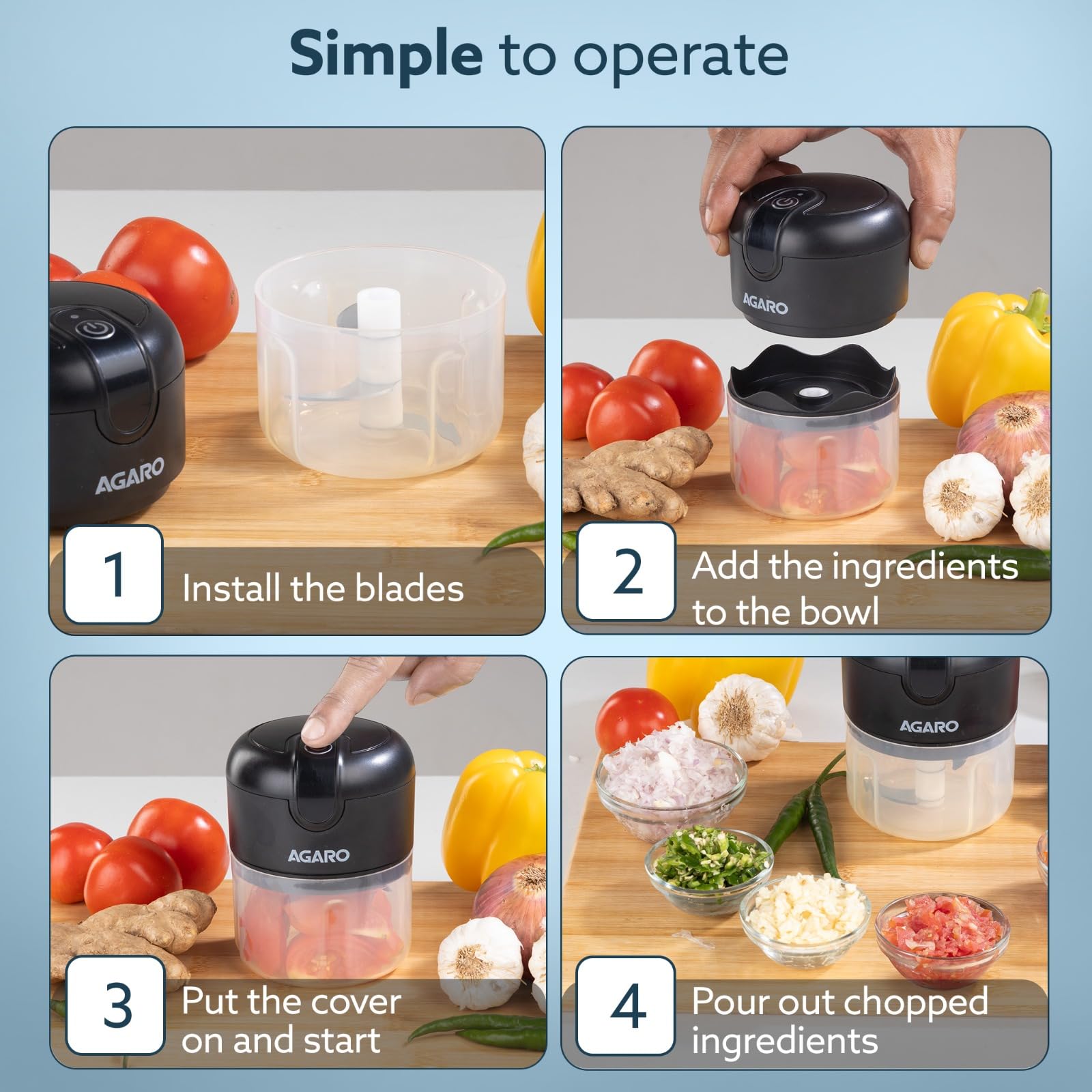 AGARO Elite Rechargeable Mini Electric Chopper, Food Grade Bowl, Stainless Steel Blades, One Touch Operation, for Mincing Garlic, Ginger, Onion, Vegetable, Meat, Nuts, 250 Ml, Black. 