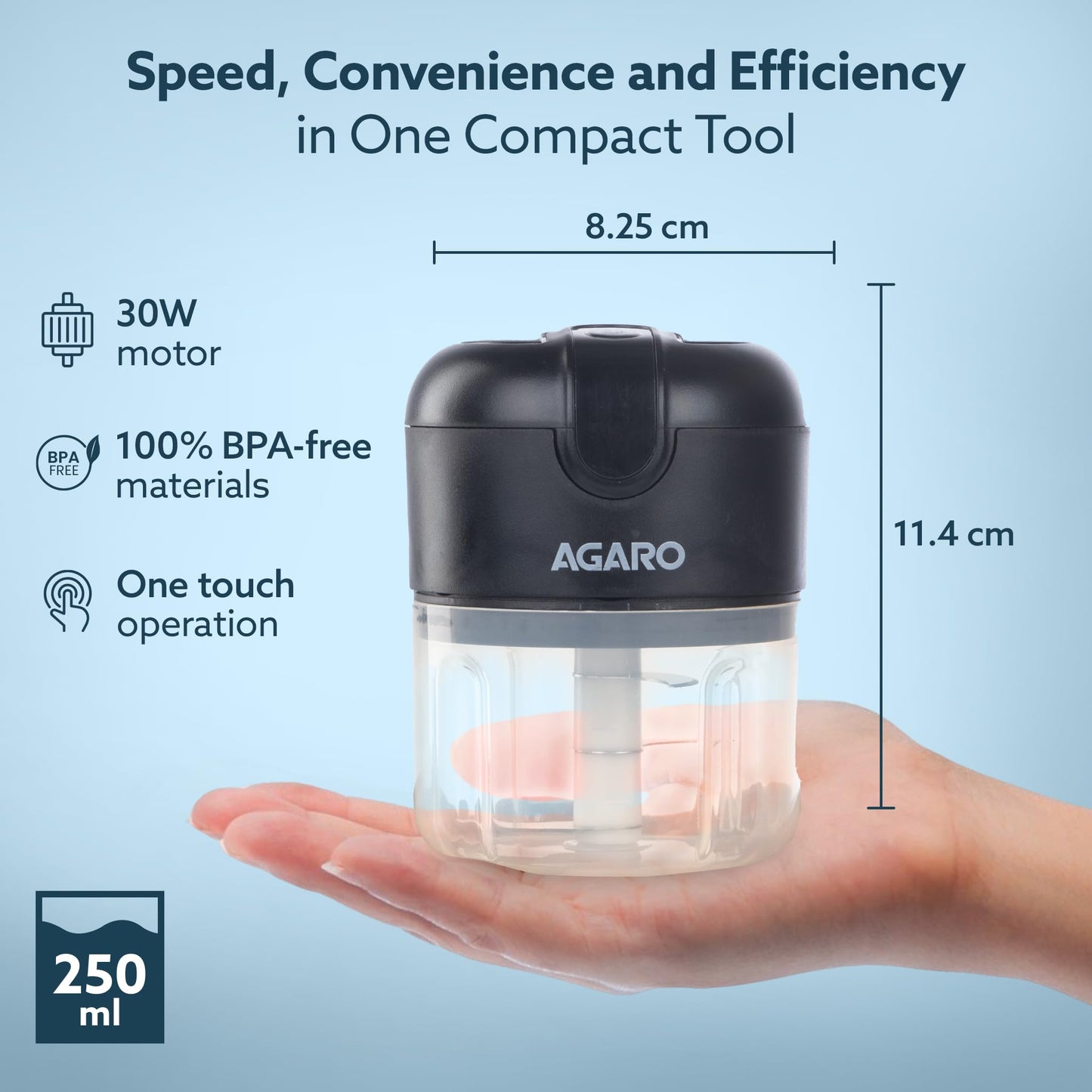 AGARO Elite Rechargeable Mini Electric Chopper, Food Grade Bowl, Stainless Steel Blades, One Touch Operation, for Mincing Garlic, Ginger, Onion, Vegetable, Meat, Nuts, 250 Ml, Black. 