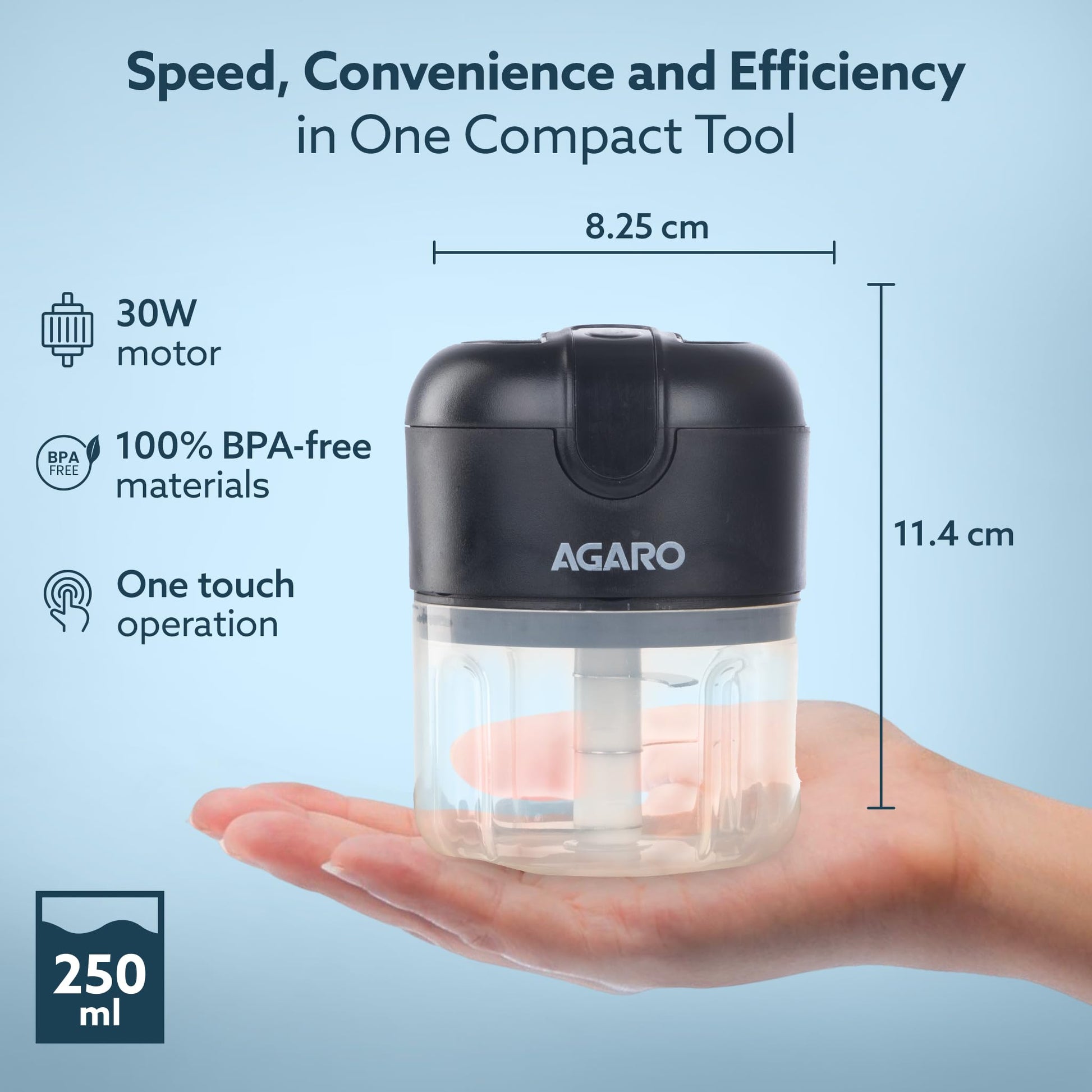 AGARO Elite Rechargeable Mini Electric Chopper, Food Grade Bowl, Stainless Steel Blades, One Touch Operation, for Mincing Garlic, Ginger, Onion, Vegetable, Meat, Nuts, 250 Ml, Black. 