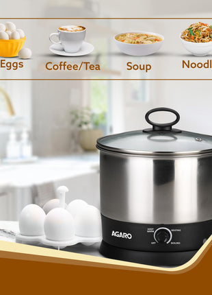 AGARO Esteem Electric Multi Kettle 1.2L, 600W, with Stainless Steel Body, Egg Rack, Grill Rack, 3 Heating Modes & Rapid Boil Technology, Boiling Water and milk, Tea, Coffee, Oats, Noodle, Soup 