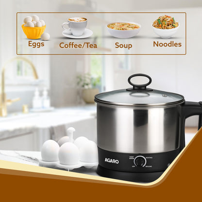 AGARO Esteem Electric Multi Kettle 1.2L, 600W, with Stainless Steel Body, Egg Rack, Grill Rack, 3 Heating Modes & Rapid Boil Technology, Boiling Water and milk, Tea, Coffee, Oats, Noodle, Soup 