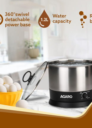 AGARO Esteem Electric Multi Kettle 1.2L, 600W, with Stainless Steel Body, Egg Rack, Grill Rack, 3 Heating Modes & Rapid Boil Technology, Boiling Water and milk, Tea, Coffee, Oats, Noodle, Soup 