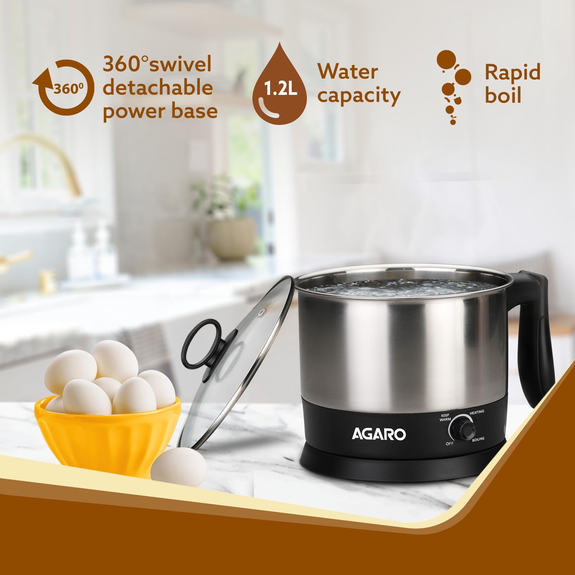 AGARO Esteem Electric Multi Kettle 1.2L, 600W, with Stainless Steel Body, Egg Rack, Grill Rack, 3 Heating Modes & Rapid Boil Technology, Boiling Water and milk, Tea, Coffee, Oats, Noodle, Soup 