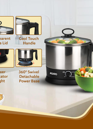 AGARO Esteem Electric Multi Kettle 1.2L, 600W, with Stainless Steel Body, Egg Rack, Grill Rack, 3 Heating Modes & Rapid Boil Technology, Boiling Water and milk, Tea, Coffee, Oats, Noodle, Soup 