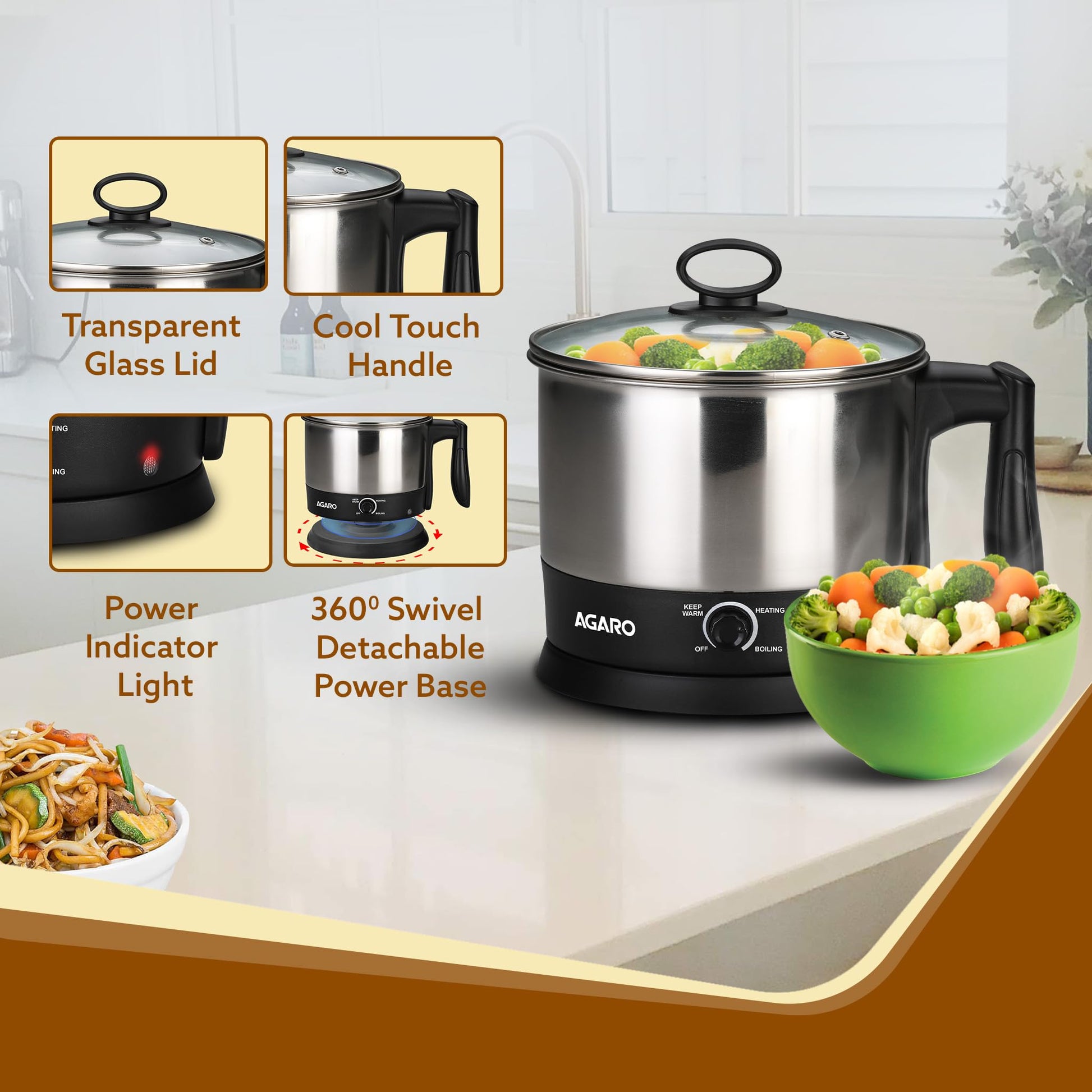 AGARO Esteem Electric Multi Kettle 1.2L, 600W, with Stainless Steel Body, Egg Rack, Grill Rack, 3 Heating Modes & Rapid Boil Technology, Boiling Water and milk, Tea, Coffee, Oats, Noodle, Soup 