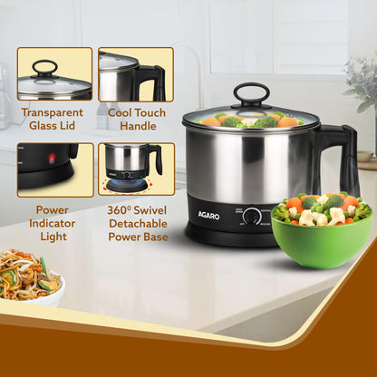 AGARO Esteem Electric Multi Kettle 1.2L, 600W, with Stainless Steel Body, Egg Rack, Grill Rack, 3 Heating Modes & Rapid Boil Technology, Boiling Water and milk, Tea, Coffee, Oats, Noodle, Soup 