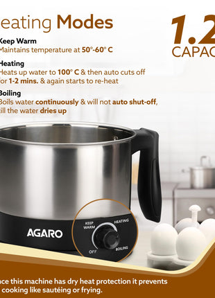 AGARO Esteem Electric Multi Kettle 1.2L, 600W, with Stainless Steel Body, Egg Rack, Grill Rack, 3 Heating Modes & Rapid Boil Technology, Boiling Water and milk, Tea, Coffee, Oats, Noodle, Soup 