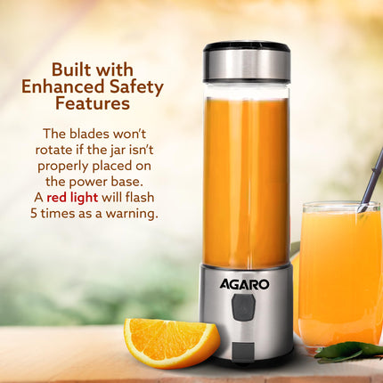 AGARO Galaxy Portable Blender, Portable Hand Blender For Kitchen, 450ml, For Smoothies, Shakes, 126W, 3000 mAh Battery, USB Rechargeable, Stainless Steel Blade. 