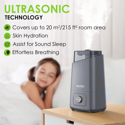 AGARO Glory Cool Mist Ultrasonic Humidifier, 4.5Litres, For Large Area, Room, Home, Office, Adjustable Mist Output, Ceramic Ball Filter, Ultra Quiet, 360° Rotatable Nozzle 