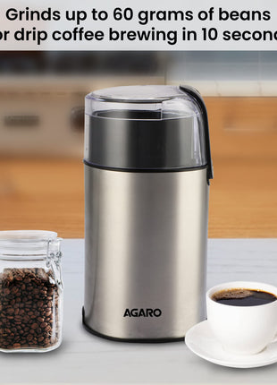 AGARO Grand Electric Coffee Grinder, Stainless Steel Blades, Grinds up to 60 Grams Dry Coffee Beans, Portable, Silver 