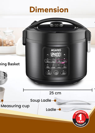 AGARO Regal Electric Rice Cooker, 3 Litres Ceramic Inner Bowl, 750gms (approx. 5 cups) raw rice, SS Steamer, Preset Cooking Functions, Preset Timer, Keep Warm Function, LED Display, Black 