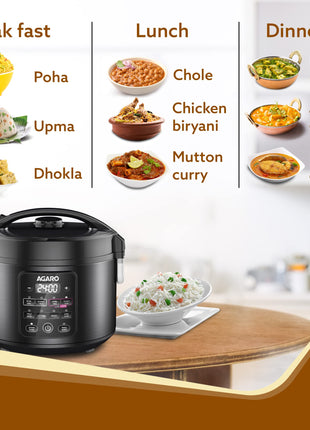 AGARO Regal Electric Rice Cooker, 3 Litres Ceramic Inner Bowl, 750gms (approx. 5 cups) raw rice, SS Steamer, Preset Cooking Functions, Preset Timer, Keep Warm Function, LED Display, Black 