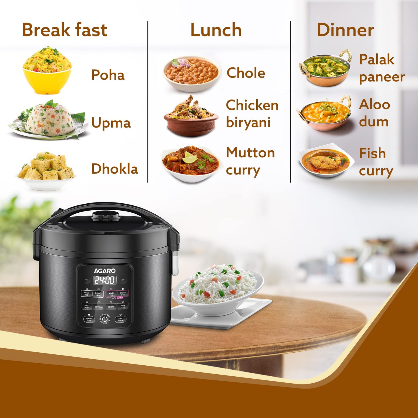 AGARO Regal Electric Rice Cooker, 3 Litres Ceramic Inner Bowl, 750gms (approx. 5 cups) raw rice, SS Steamer, Preset Cooking Functions, Preset Timer, Keep Warm Function, LED Display, Black 