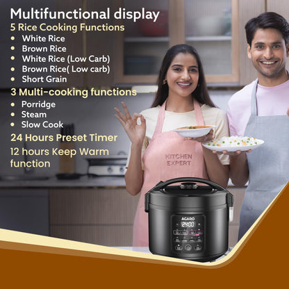 AGARO Regal Electric Rice Cooker, 3 Litres Ceramic Inner Bowl, 750gms (approx. 5 cups) raw rice, SS Steamer, Preset Cooking Functions, Preset Timer, Keep Warm Function, LED Display, Black 