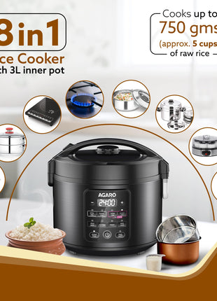 AGARO Regal Electric Rice Cooker, 3 Litres Ceramic Inner Bowl, 750gms (approx. 5 cups) raw rice, SS Steamer, Preset Cooking Functions, Preset Timer, Keep Warm Function, LED Display, Black 