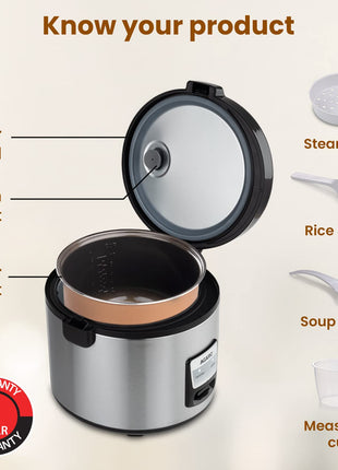AGARO Regency Electric Rice Cooker, 5L Ceramic Coated Inner Bowl, Cooks up to 1.5Kgs (approx.10 cups) raw rice, 700 W, Easy Grip handle, Automatic Cooking, Keep Warm Function, Multipurpose Cooking 